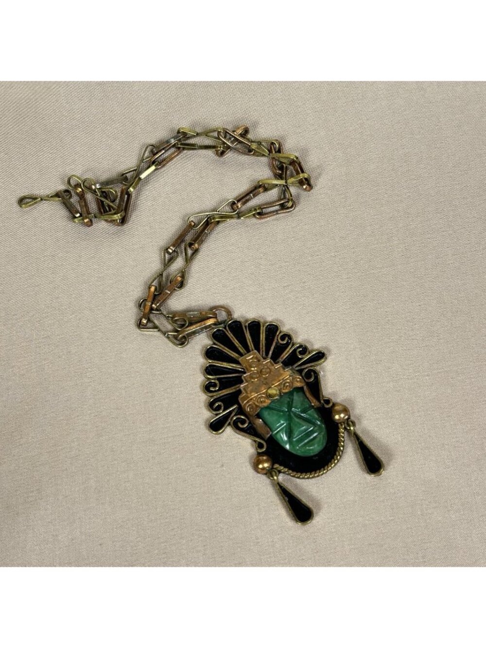 Vintage Carved Green Onyx Mayan Aztec Warrior Copper Necklace Signed Mexico A45